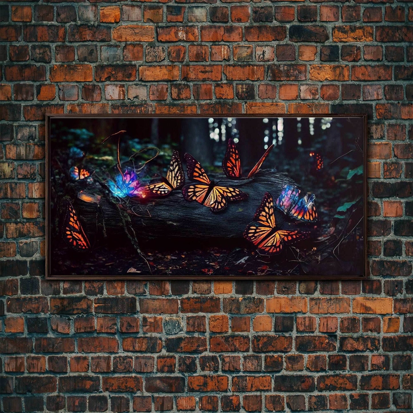 Glowing butterflies, fantasy forest wall art, framed canvas print, mother's day, mom gift, monarch butterflies - 10x20 Inches / Walnut Frame