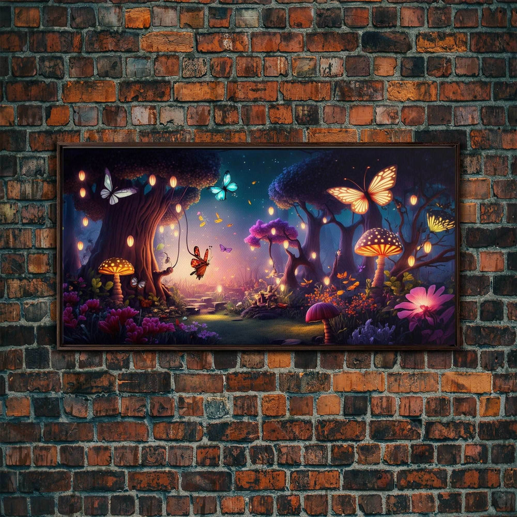 Vibrant Fantasy Forest Wall Art, The Forest Floor, Bioluminescent Glowing Butterflies, Gift, Framed Canvas Print - 10x20 Inches / Walnut Frame