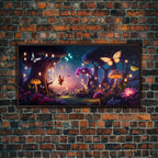 Vibrant Fantasy Forest Wall Art, The Forest Floor, Bioluminescent Glowing Butterflies, Gift, Framed Canvas Print - 10x20 Inches / Walnut Frame
