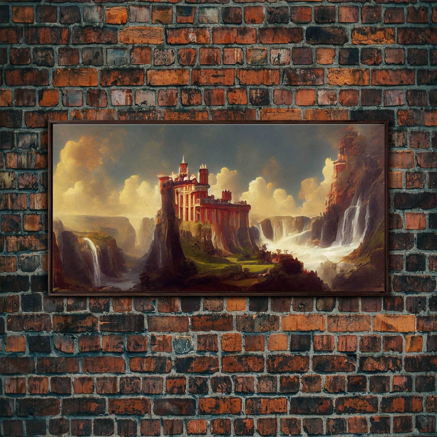 Fantasy wall art, canvas print, castle in the sky, castle atop mountains and waterfalls, watercolor - 10x20 Inches / Walnut Frame