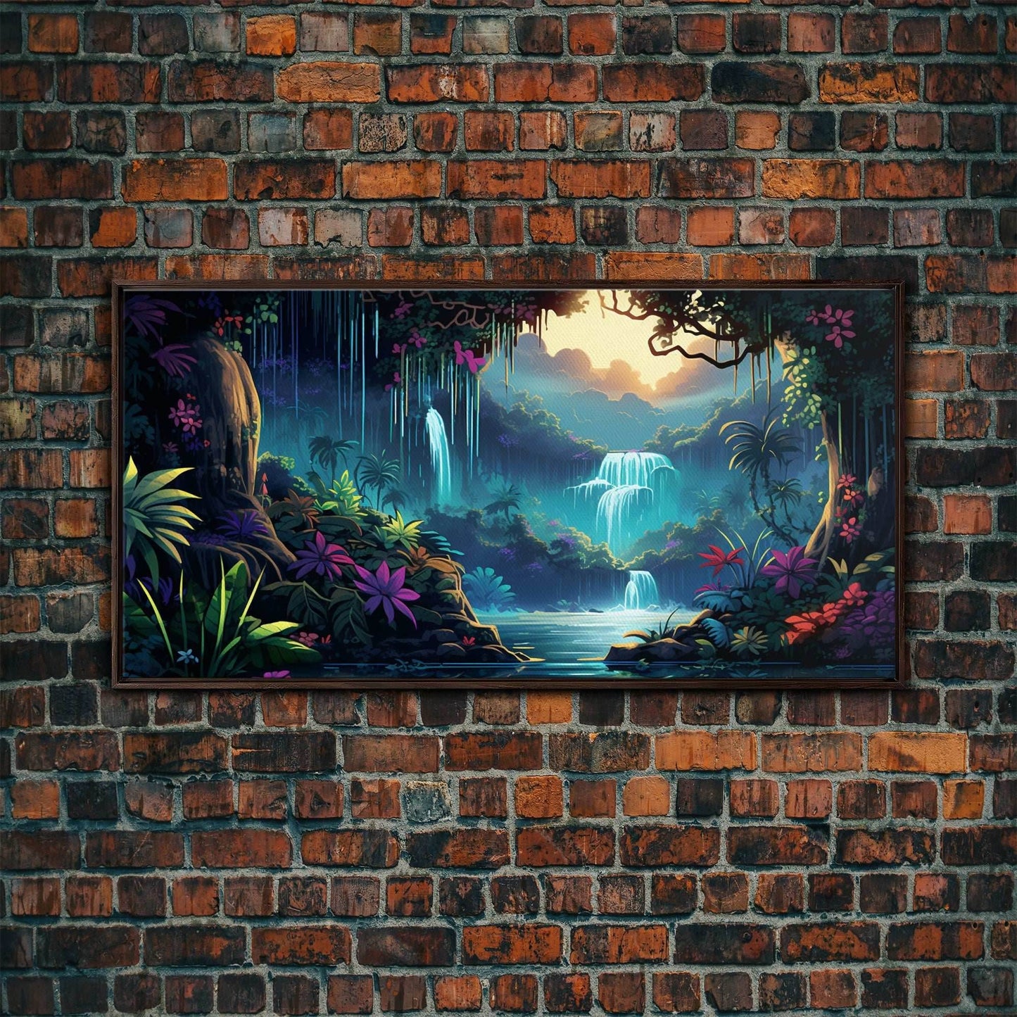 Fantasy Forest Wall Art, Waterfalls, Forest Wall Art, Trees Wall Print, Panoramic Art, Wall Art, Canvas Art, Landscape Art, Gaming Wall Art - 10x20 Inches / Walnut Frame