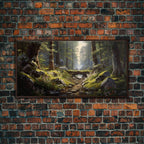 SlightlyScorched Framed Canvas Print Emerald Green Fantasy Forest, Mountain Forest Lake Landscape Minimalist Modern Art Nature Wall Decor - 10x20 Inches / Walnut Frame