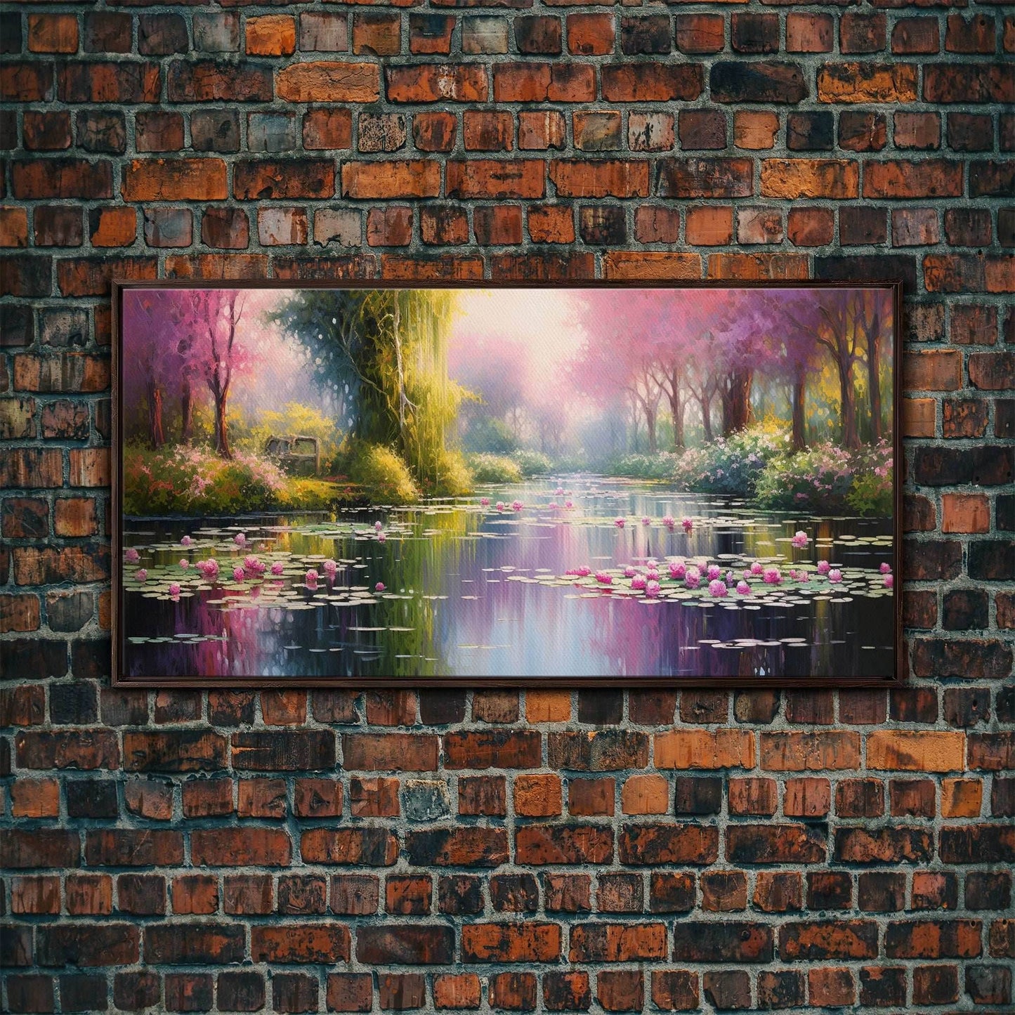 Fantasy Art, Lake Wall Print, Water Lilies Wall Art, Trees Wall Art, Panoramic Art, Wall Art, Canvas Art, Landscape Art, Long Wall Art - 10x20 Inches / Walnut Frame