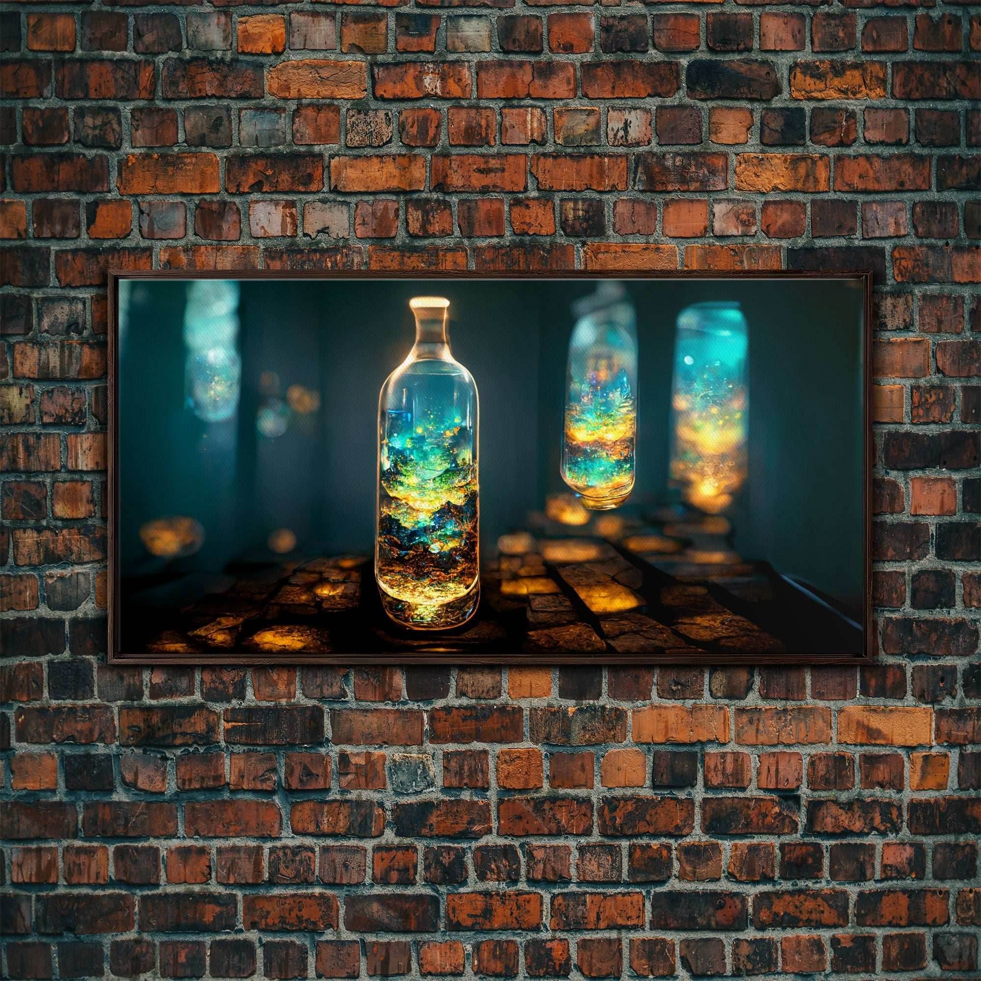 Miniature world in a bottle canvas print, high fantasy wall art, magical wall art, ready to hang wall art - 10x20 Inches / Walnut Frame