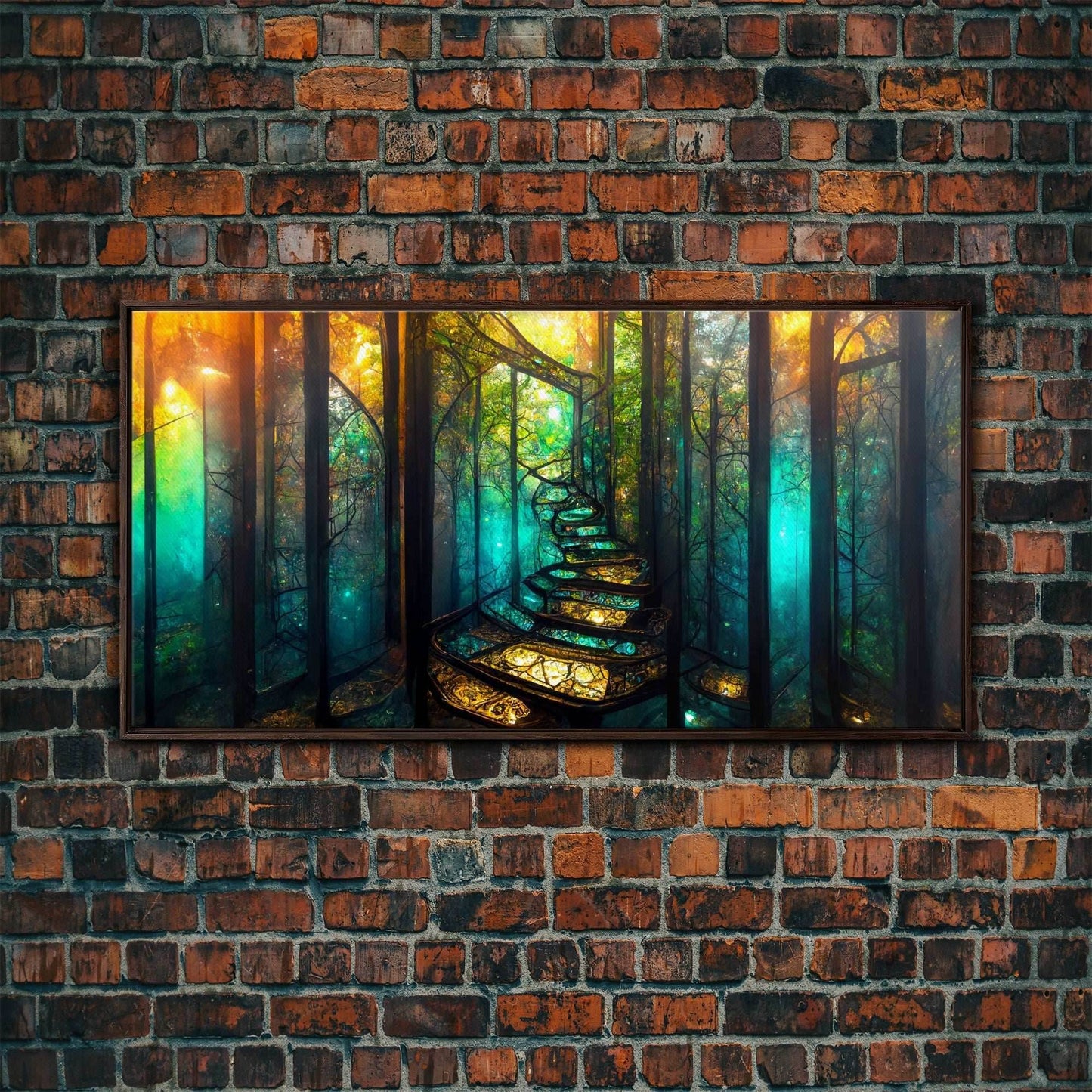 Fantasy wall art, canvas print, magical forest, fantasy landscape art, ready to hang wall art, bioluminescent glowing fantasy wall decor - 10x20 Inches / Walnut Frame