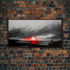 Creepy Blood moon canvas print, dark fantasy art, black and white art, Halloween, spooky art, horror landscape art - 10x20 Inches / Walnut Frame