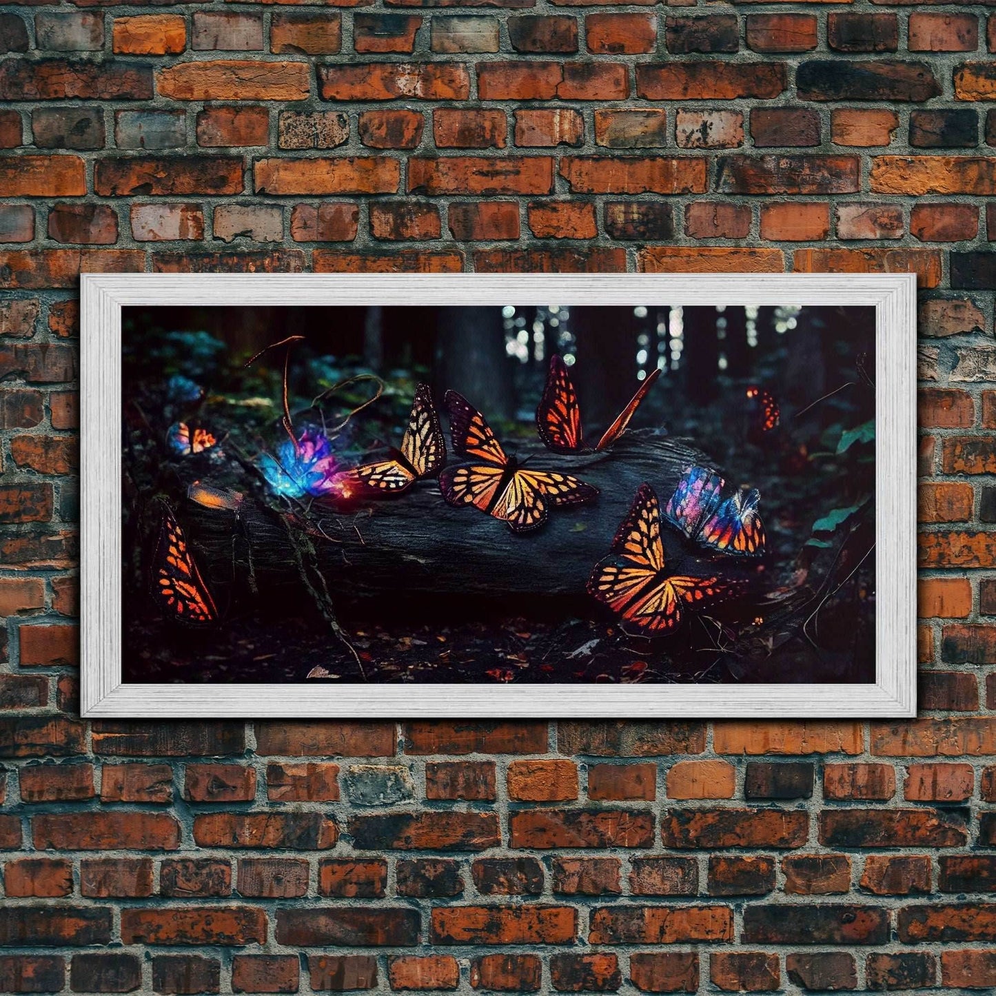 Glowing butterflies, fantasy forest wall art, framed canvas print, mother's day, mom gift, monarch butterflies - 10x20 Inches / Gold Frame