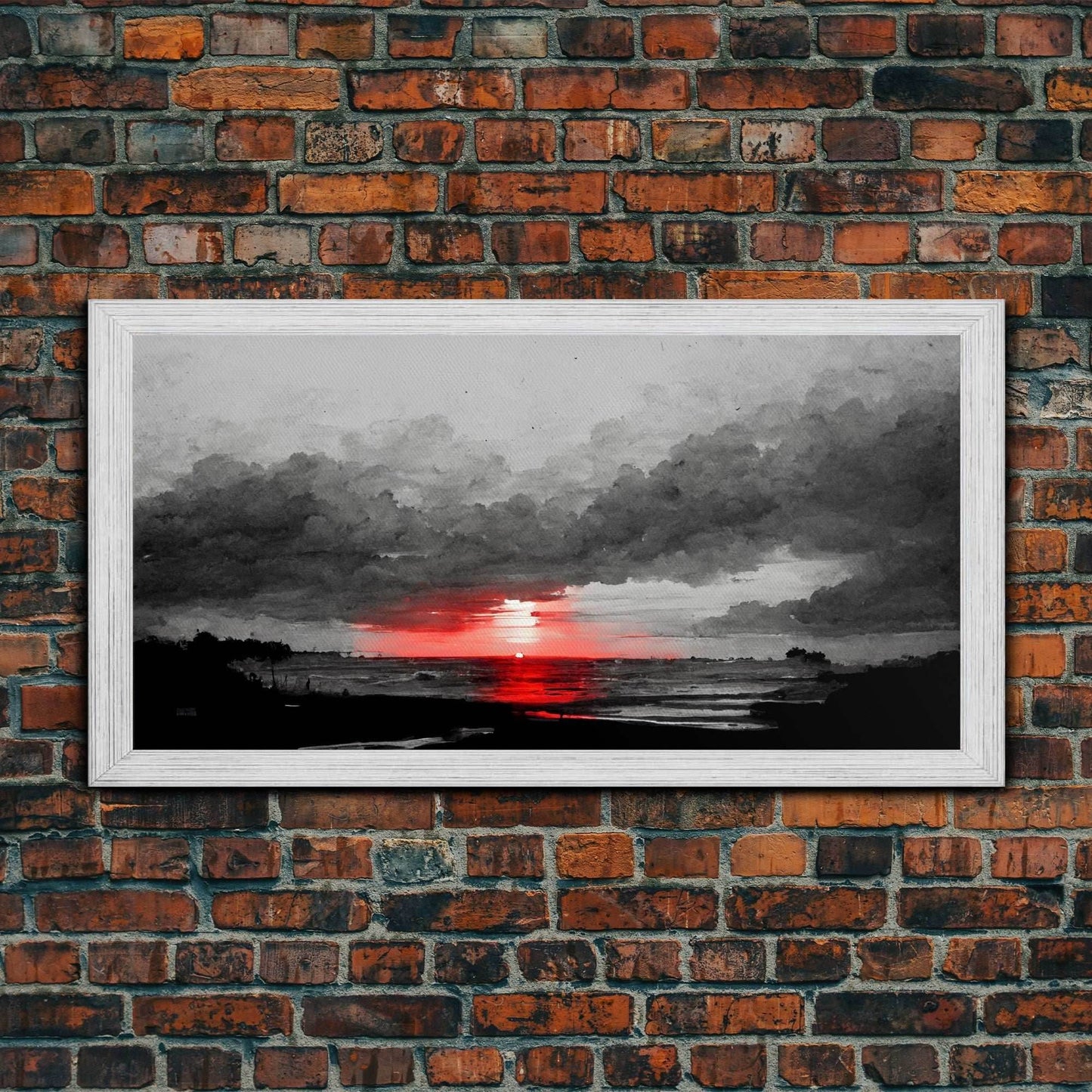 Creepy Blood moon canvas print, dark fantasy art, black and white art, Halloween, spooky art, horror landscape art - 10x20 Inches / Gold Frame