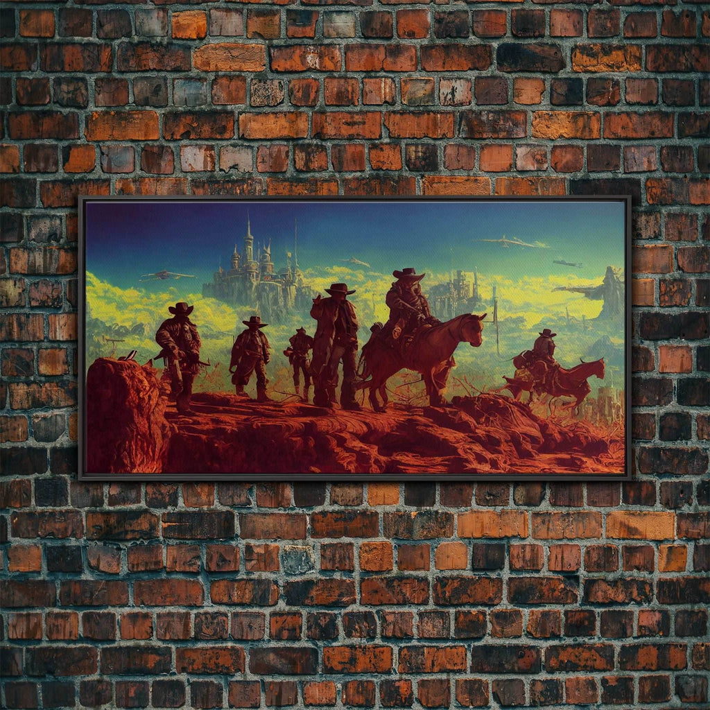 Space Cowboys, Wildwest Scifi Mashup Fantasy Art, framed canvas print, ready to hang framed wall art - 10x20 Inches / Black Frame