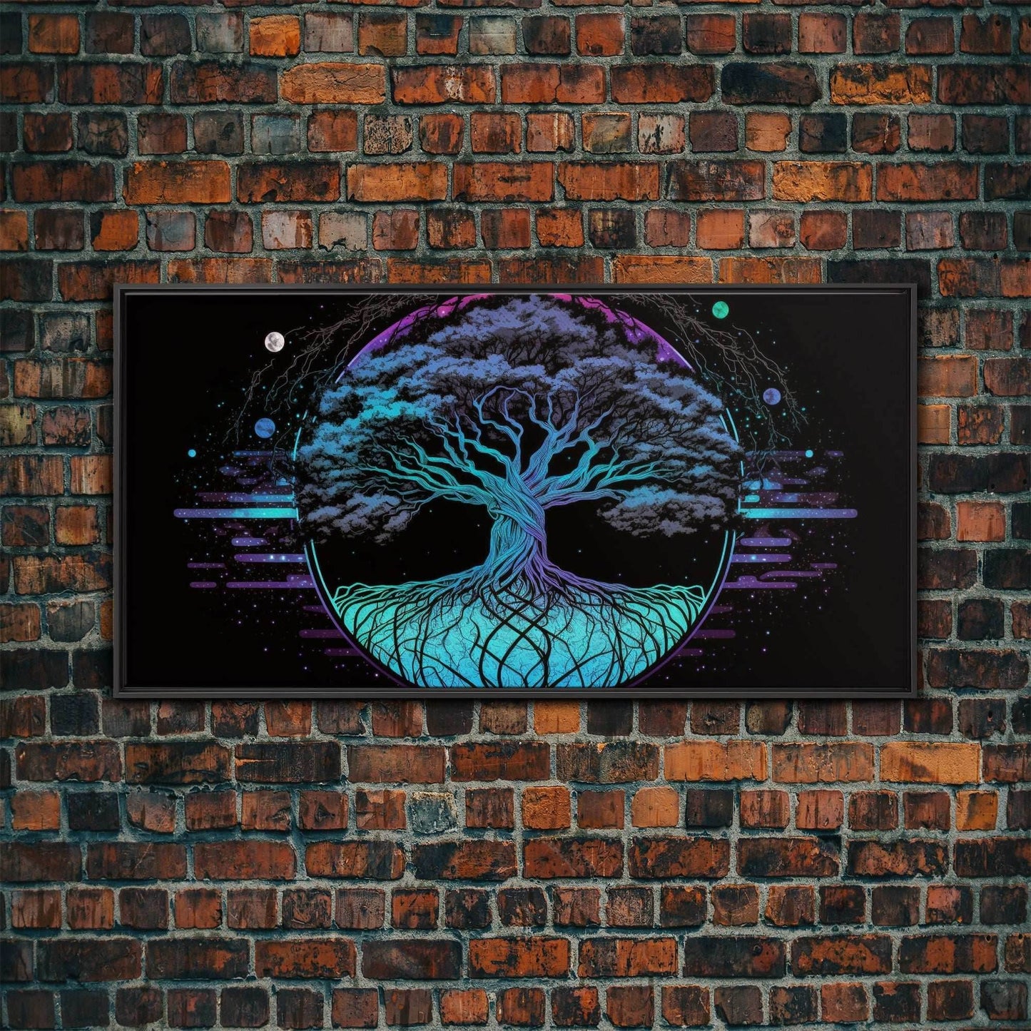 Norse Mythology Art, Synthwave Style Yggdrasil Tree of Life and the 9 Realms, Fantasy Art, Framed Canvas Print, Game Room Nordic Art - 10x20 Inches / Black Frame