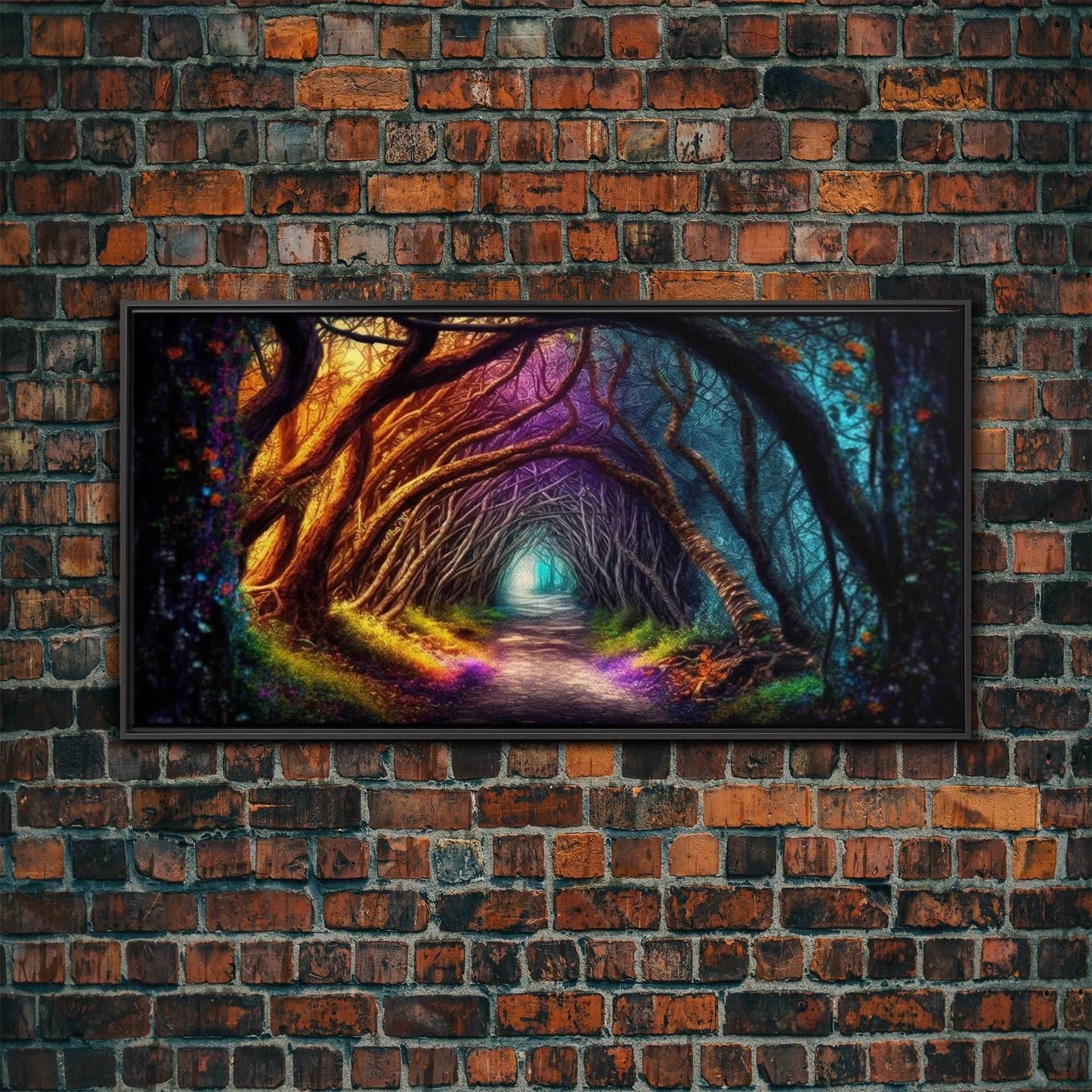 Secret Path, Fantasy Art, Pop Art Forest Landscape, Framed Canvas Print, Colorful Forest Painting, Living Room Art, Glowing Magical Forest - 10x20 Inches / Black Frame
