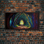 The Path through The Trees, Fantasy Art, Framed Canvas Print, RPG concept Art, Magical glowing forest - 10x20 Inches / Black Frame