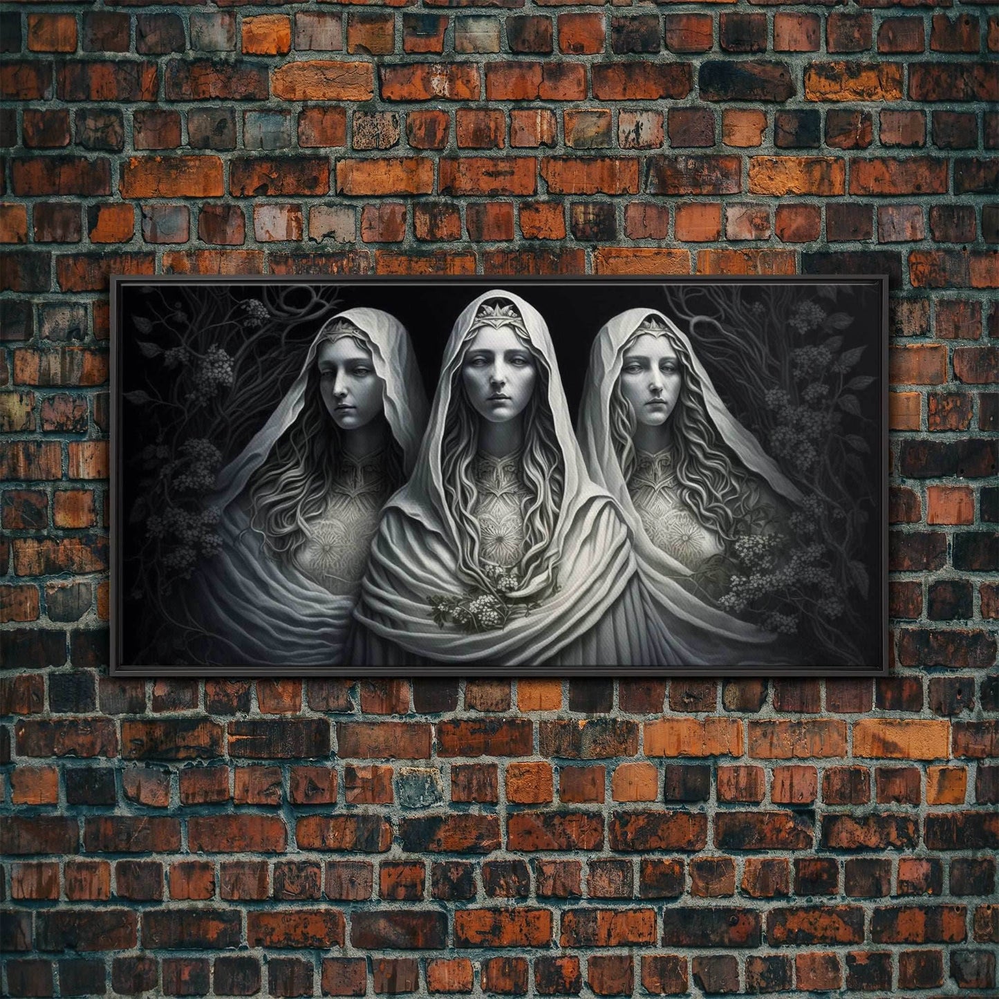 The Norns, Norse Mythology, Weavers of Fate, Framed Canvas Print, Urðr, Verðandi, and Skuld, Black and White Norse Fantasy Art - 10x20 Inches / Black Frame