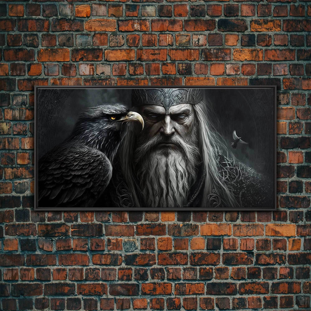 Portrait of Odin King of the Gods, Ruler of Asgard, Framed Canvas Print, Norse Mythology Pop Art, Fantasy Art - 10x20 Inches / Black Frame