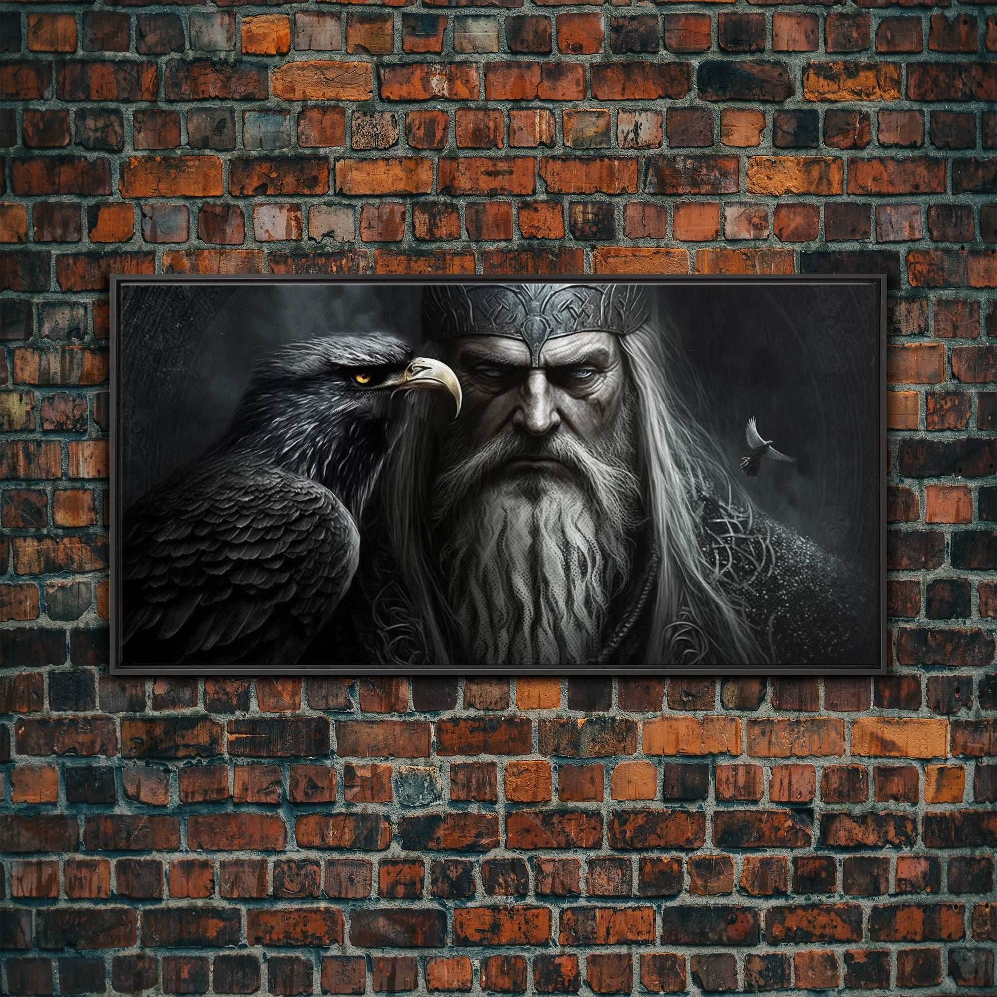 Portrait of Odin King of the Gods, Ruler of Asgard, Framed Canvas Print, Norse Mythology Pop Art, Fantasy Art - 10x20 Inches / Black Frame