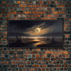 Midnight In The Swamp, Framed Canvas Print, Fantasy Art Canvas, Wall Art, Game Room Art, Full moon - 10x20 Inches / Black Frame