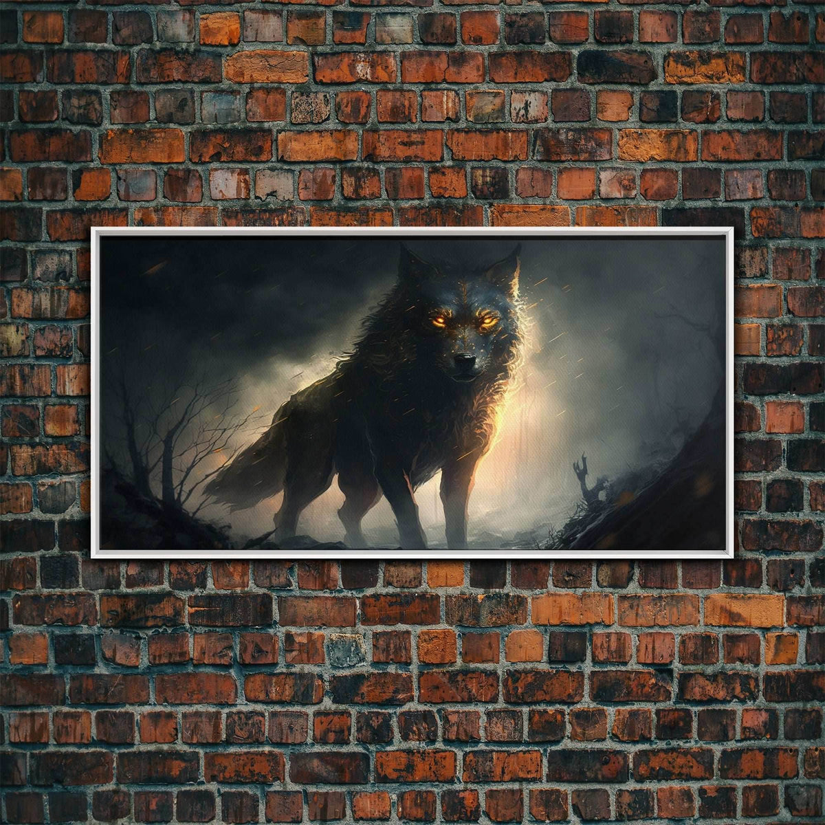 The Great Wolf Fenrir, Framed Canvas Print, Norse Mythology, Fantasy Art - 10x20 Inches / White Frame
