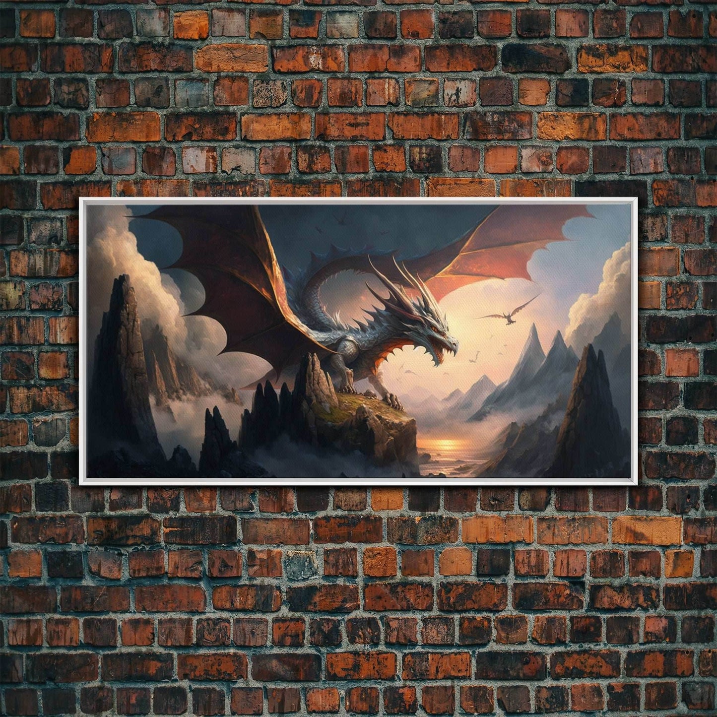 White Dragon on a Mountain Top, Fantasy Art, Framed Canvas Print, Medieval Fantasy Art, Fire breathing dragons - 10x20 Inches / White Frame