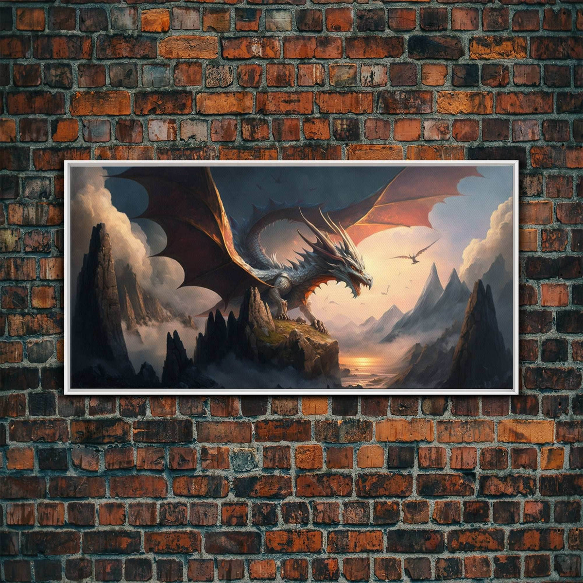White Dragon on a Mountain Top, Fantasy Art, Framed Canvas Print, Medieval Fantasy Art, Fire breathing dragons - 10x20 Inches / White Frame