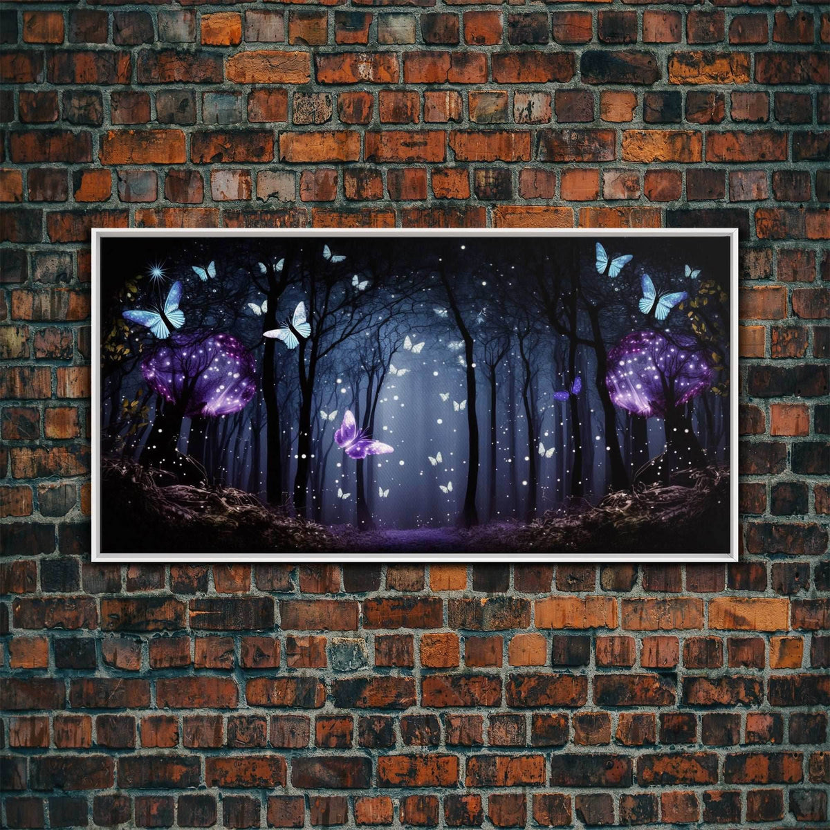 Glowing Butterflies, Framed Canvas Print, Fantasy Decor, High Fantasy Canvas Art, Fairy Forest - 10x20 Inches / White Frame