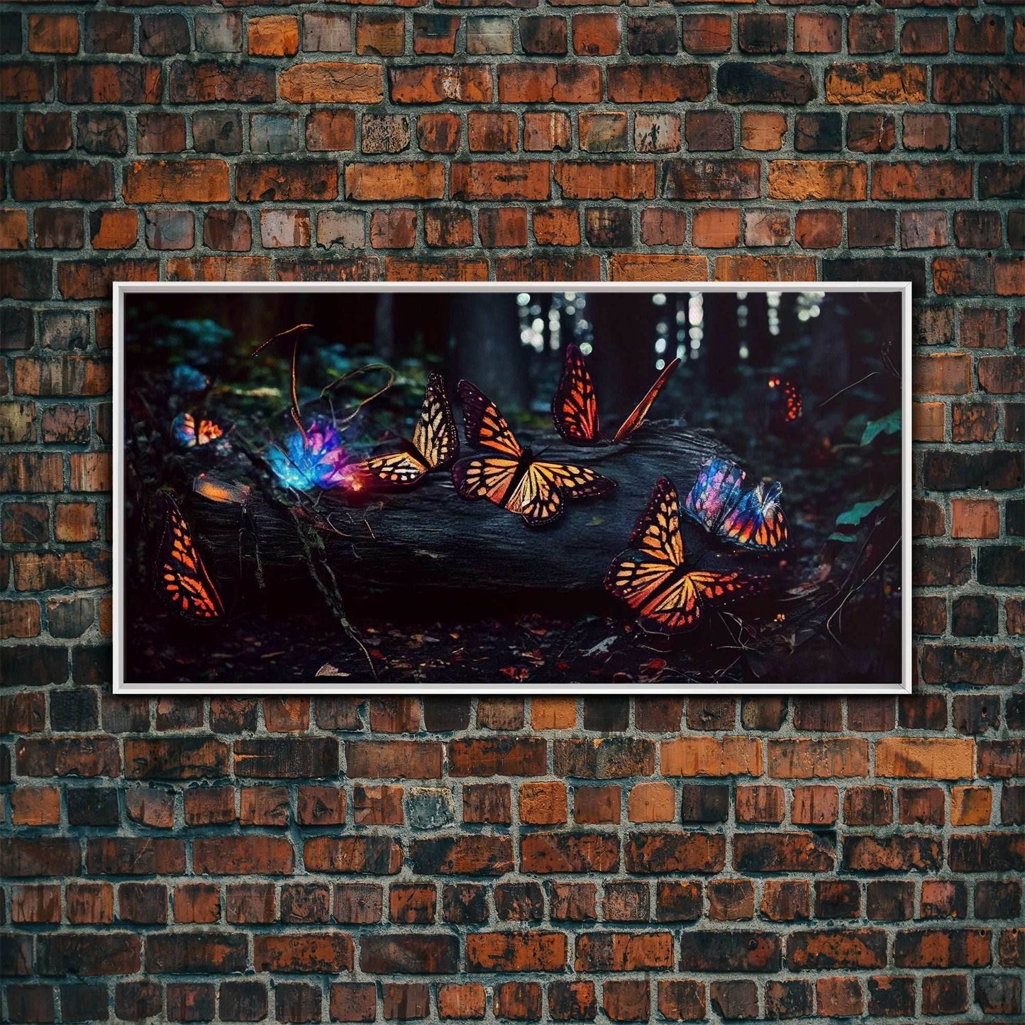 Glowing butterflies, fantasy forest wall art, framed canvas print, mother's day, mom gift, monarch butterflies - 10x20 Inches / White Frame