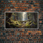 SlightlyScorched Framed Canvas Print Emerald Green Fantasy Forest, Mountain Forest Lake Landscape Minimalist Modern Art Nature Wall Decor - 10x20 Inches / White Frame