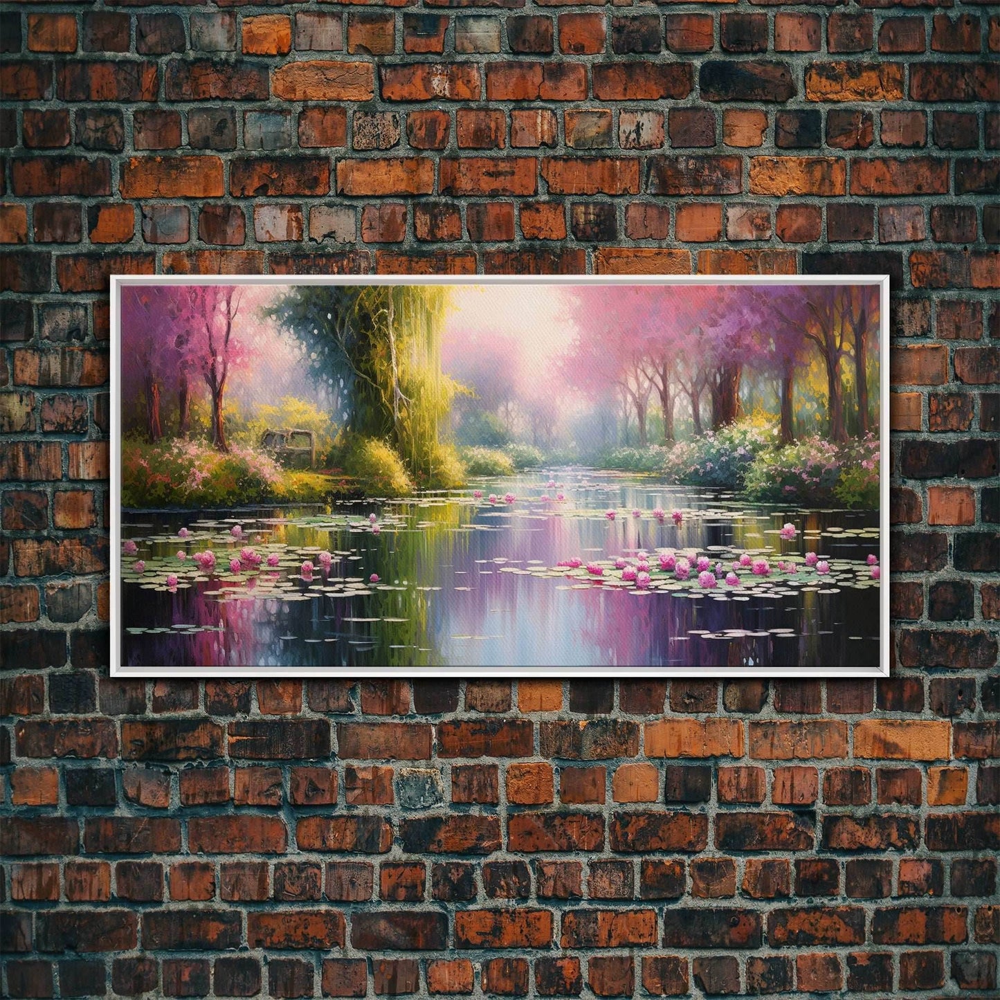 Fantasy Art, Lake Wall Print, Water Lilies Wall Art, Trees Wall Art, Panoramic Art, Wall Art, Canvas Art, Landscape Art, Long Wall Art - 10x20 Inches / White Frame