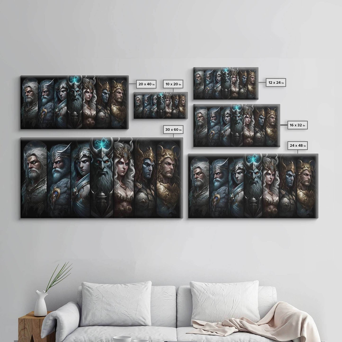 The Æsir, Aesir, Old Norse Gods, Framed Canvas Print, Norse Mythology, Scandinavian Mythology Fantasy Art - 10x20 Inches / Gallery Wrap Canvas - Ready To Hang
