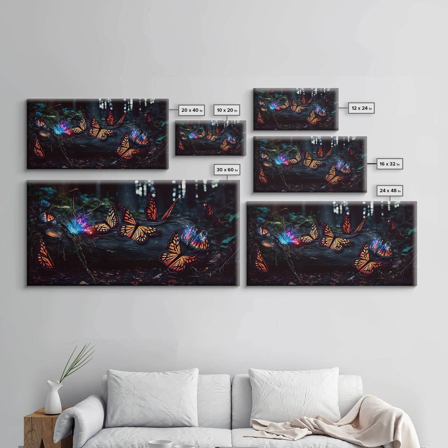 Glowing butterflies, fantasy forest wall art, framed canvas print, mother's day, mom gift, monarch butterflies - 10x20 Inches / Gallery Wrap Canvas - Ready To Hang