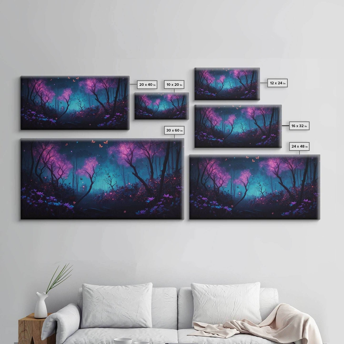 Beautiful forest canvas print Fantasy forest wall art Forest Painting, Framed Art, Glowing Butterflies - 10x20 Inches / Gallery Wrap Canvas - Ready To Hang