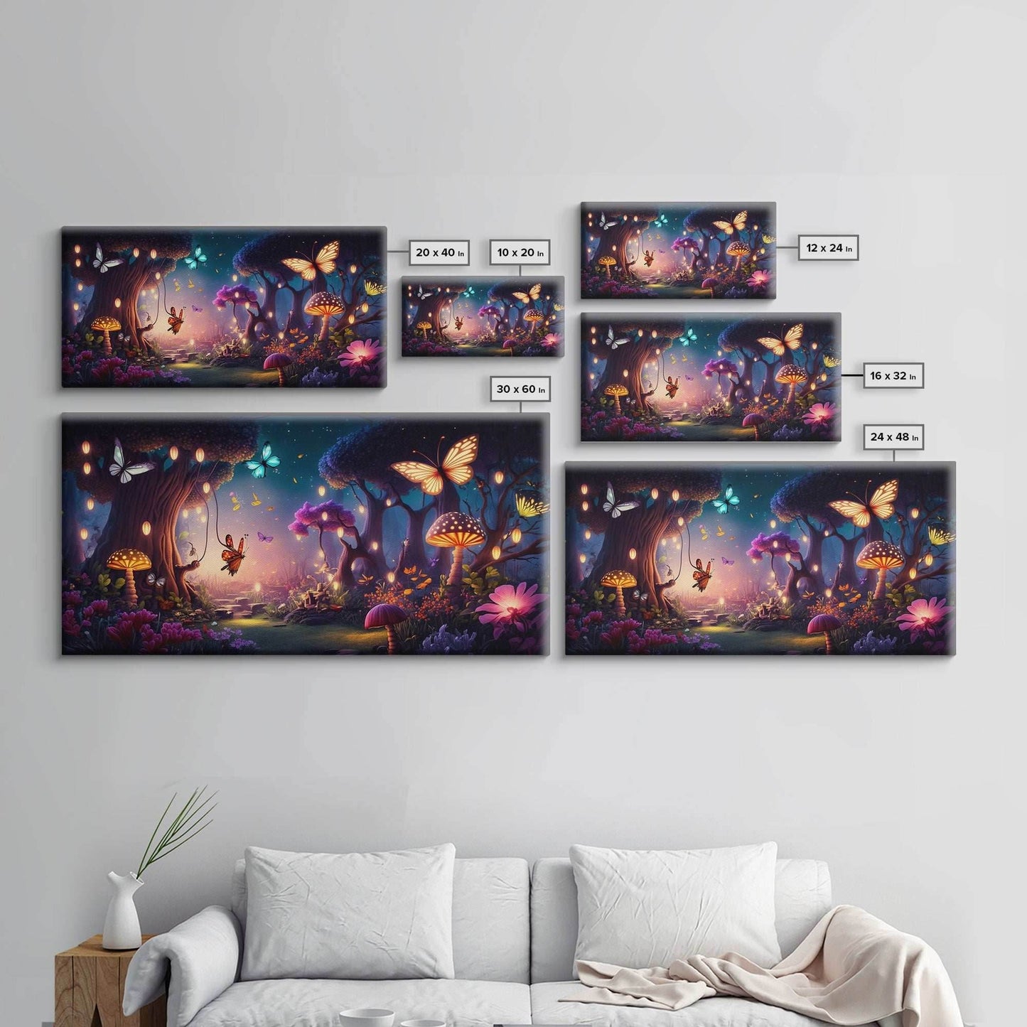 Vibrant Fantasy Forest Wall Art, The Forest Floor, Bioluminescent Glowing Butterflies, Gift, Framed Canvas Print - 10x20 Inches / Gallery Wrap Canvas - Ready To Hang