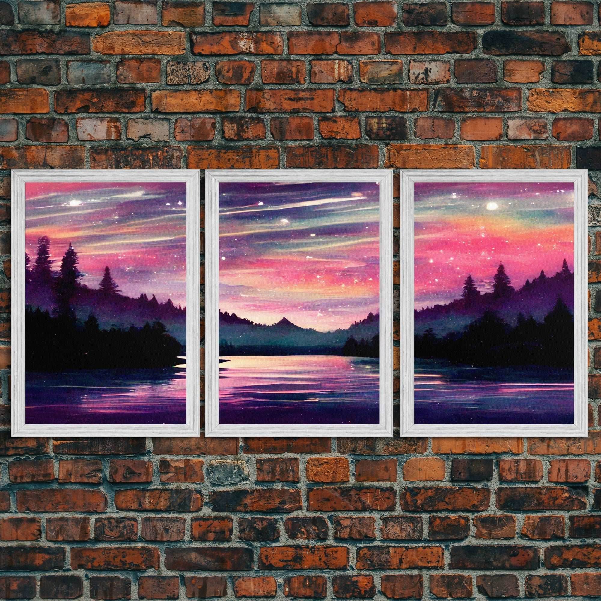 Starry Night Magical Forest Fantasy Landscape, 3 Piece Wall Art, Ready To Hang Canvas Print, Cool Living Room Wall Art Decor - 8x12 In. - 3 Pieces / Gold Frame