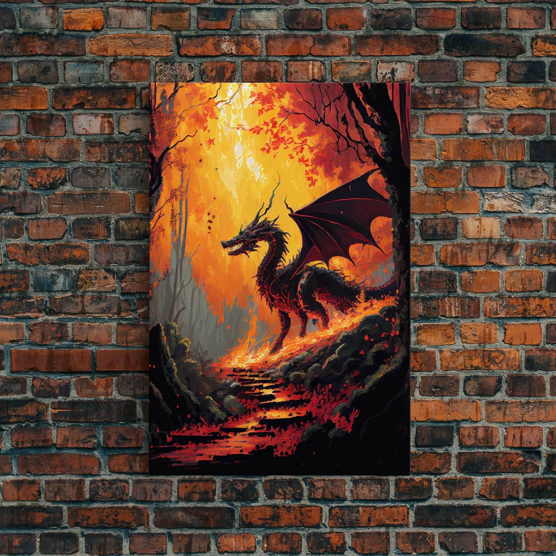 Dragon standing in a burned forest, fantasy art, fine art poster print - 8x12 Inches / Gallery Wrap Canvas - Ready To Hang