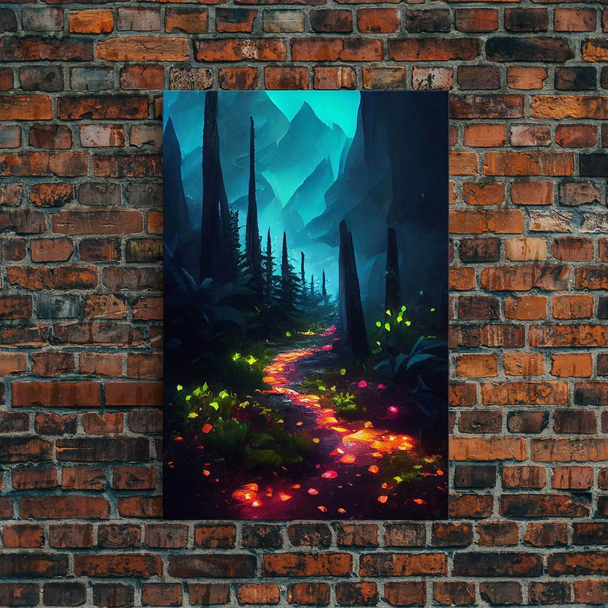 Luminescent magical forest canvas print, glowing trail though the trees, fantasy art, gloomy wall art, dark decor - 8x12 Inches / Gallery Wrap Canvas - Ready To Hang