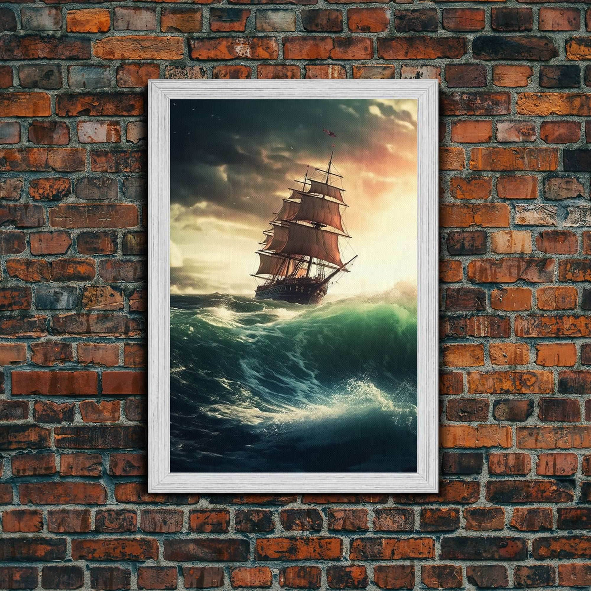 Haunted Pirate Ghost Ship On Rough Seas, Framed Canvas Print, Fantasy Wall Art, Wall Decor, Pirate Wal Art, Gift For Him, Kid's Room - 8x12 Inches / Gold Frame