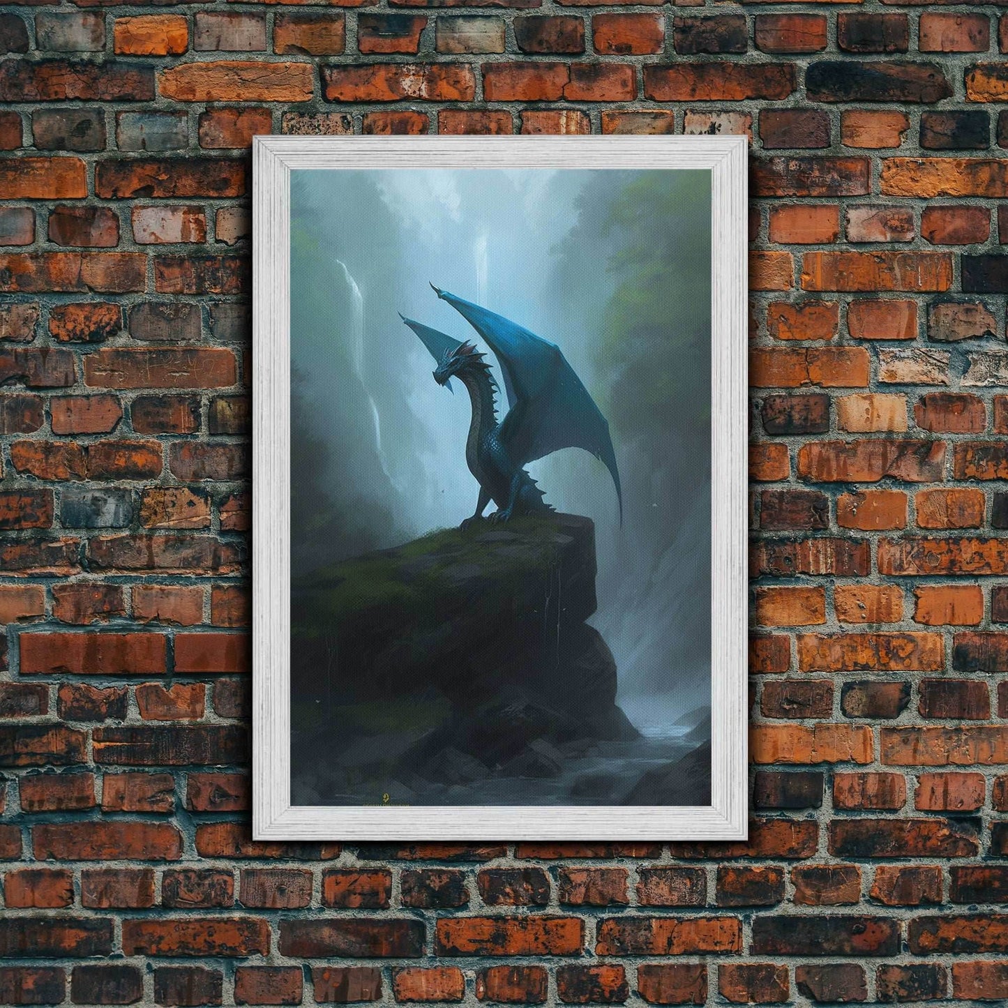 Majestic Forest Dragon Wall Art, Framed Canvas Print, Dragon Fantasy Painting, Forest Dragon Behind Secret Waterfalls Abstract Fantasy Art - 8x12 Inches / Gold Frame