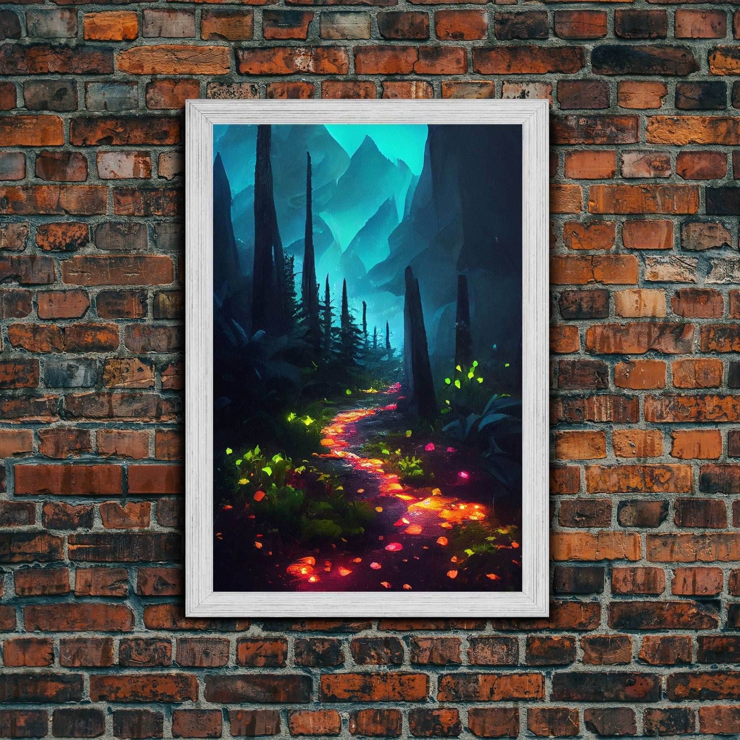 Luminescent magical forest canvas print, glowing trail though the trees, fantasy art, gloomy wall art, dark decor - 8x12 Inches / Gold Frame