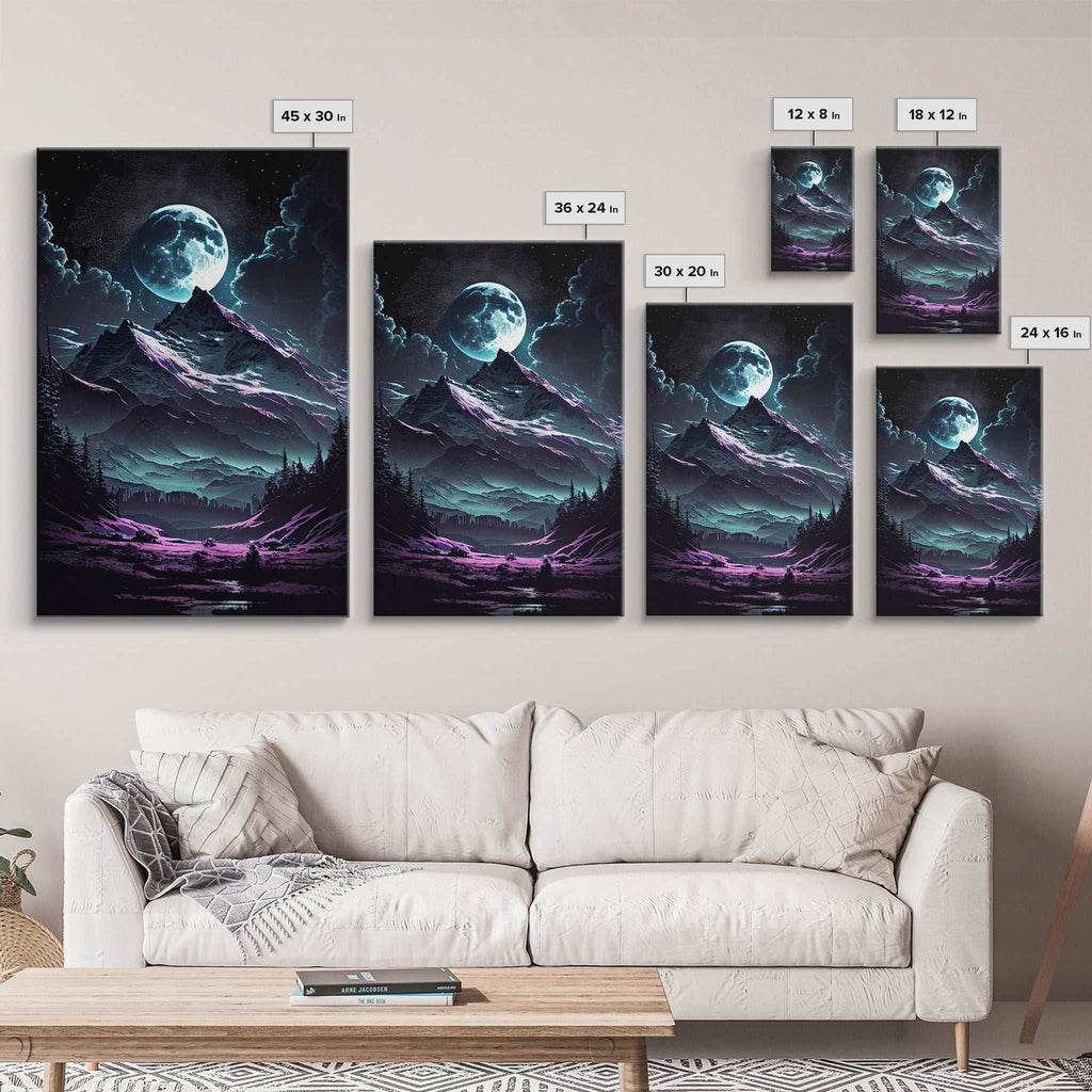 Mythical mountains fantasy art, framed canvas print, full moon over a mystical mountain landscape - 8x12 Inches / Gallery Wrap Canvas - Ready To Hang