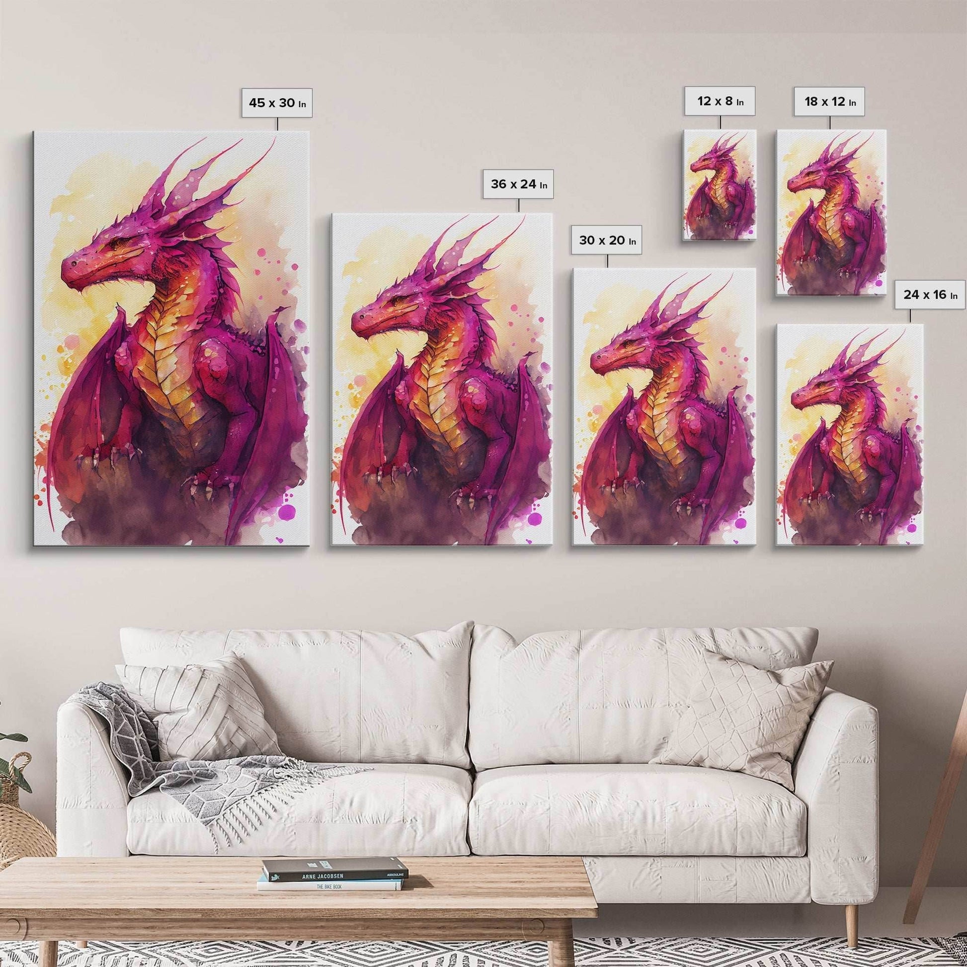 Magenta Purple Watercolor Dragon Fantasy Fine Art Print, Wall Decor, Wall Poster, Wall Art Print - 8x12 Inches / Gallery Wrap Canvas - Ready To Hang