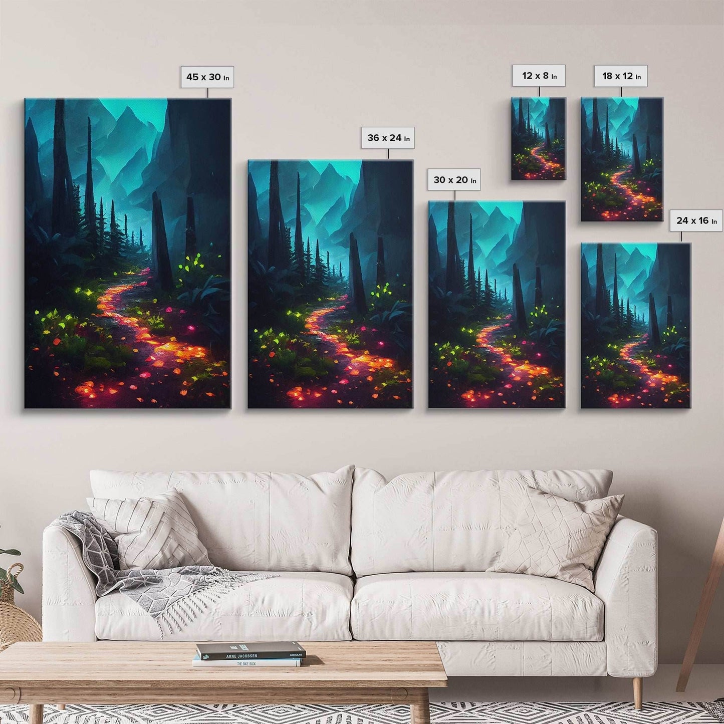 Luminescent magical forest canvas print, glowing trail though the trees, fantasy art, gloomy wall art, dark decor - 8x12 Inches / Gallery Wrap Canvas - Ready To Hang