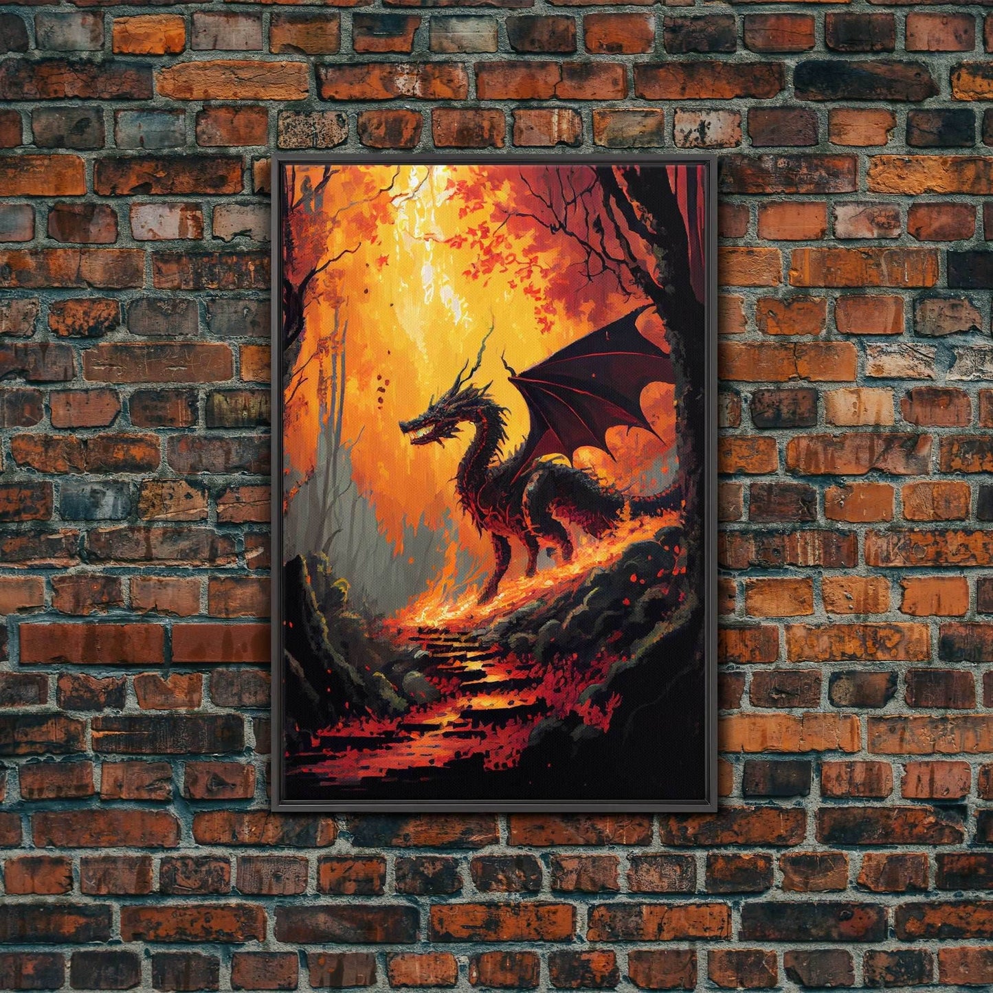 Dragon standing in a burned forest, fantasy art, fine art poster print - 8x12 Inches / Black Frame