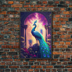 Turquoise peacock art, fantasy decor, framed canvas print - 8x12 Inches / Black Frame