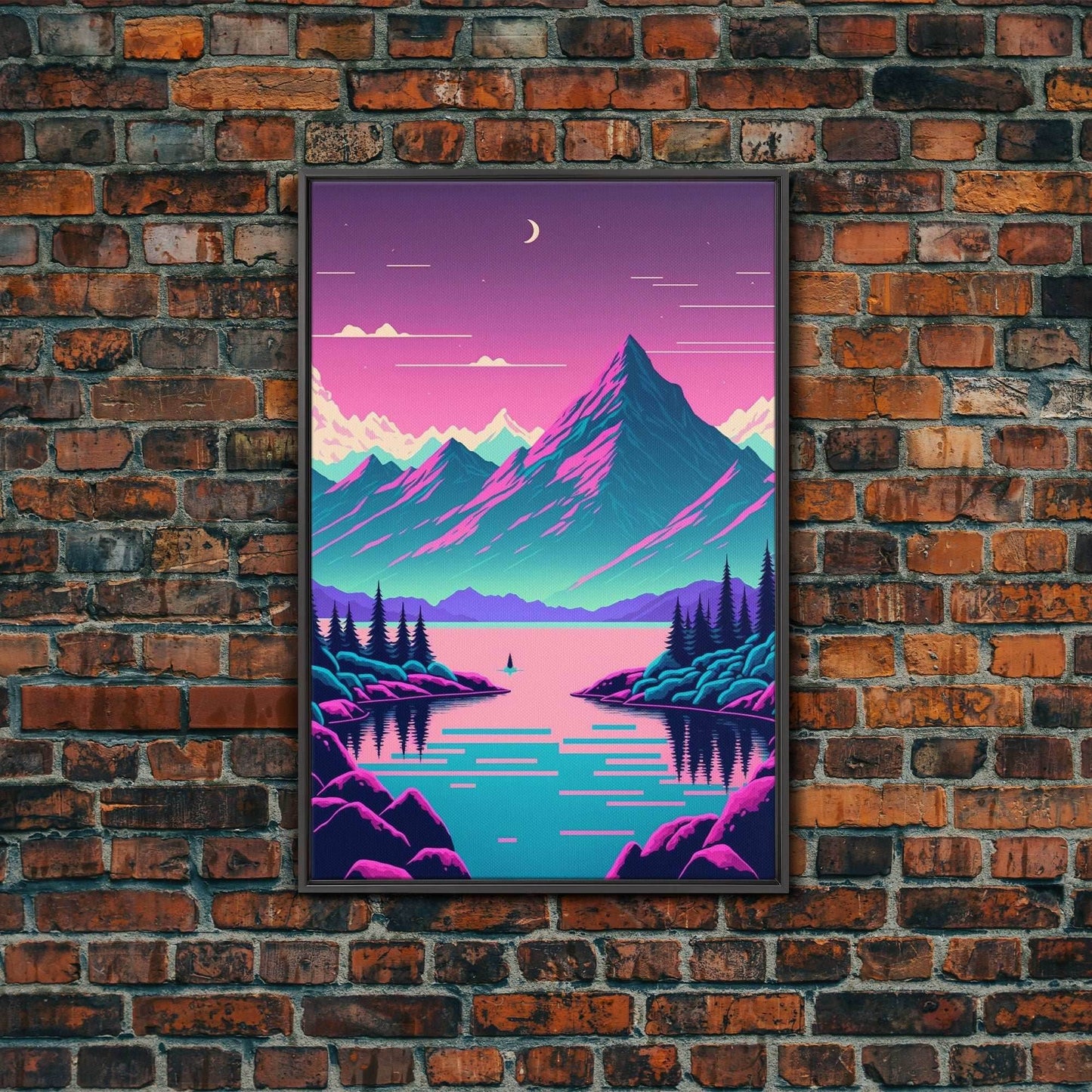 Pink and Purple Fantasy Mountain Art, Framed Canvas Print, Pacific Northwest Inspired Fantasy Art, Pop Art - 8x12 Inches / Black Frame