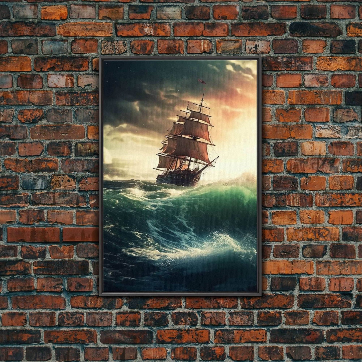 Haunted Pirate Ghost Ship On Rough Seas, Framed Canvas Print, Fantasy Wall Art, Wall Decor, Pirate Wal Art, Gift For Him, Kid's Room - 8x12 Inches / Black Frame