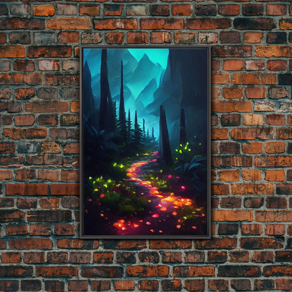 Luminescent magical forest poster art, fine art print, glowing trail though the trees, fantasy art, gloomy wall art, dark decor - 8x12 Inches / Black Frame