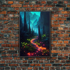 Luminescent magical forest poster art, fine art print, glowing trail though the trees, fantasy art, gloomy wall art, dark decor - 8x12 Inches / Black Frame