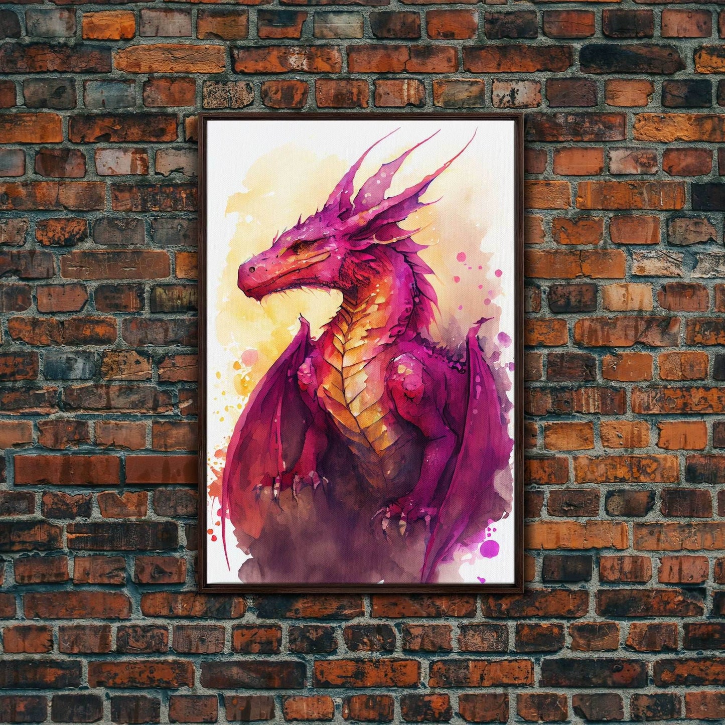 Magenta Purple Watercolor Dragon Fantasy Fine Art Print, Wall Decor, Wall Poster, Wall Art Print - 8x12 Inches / Walnut Frame
