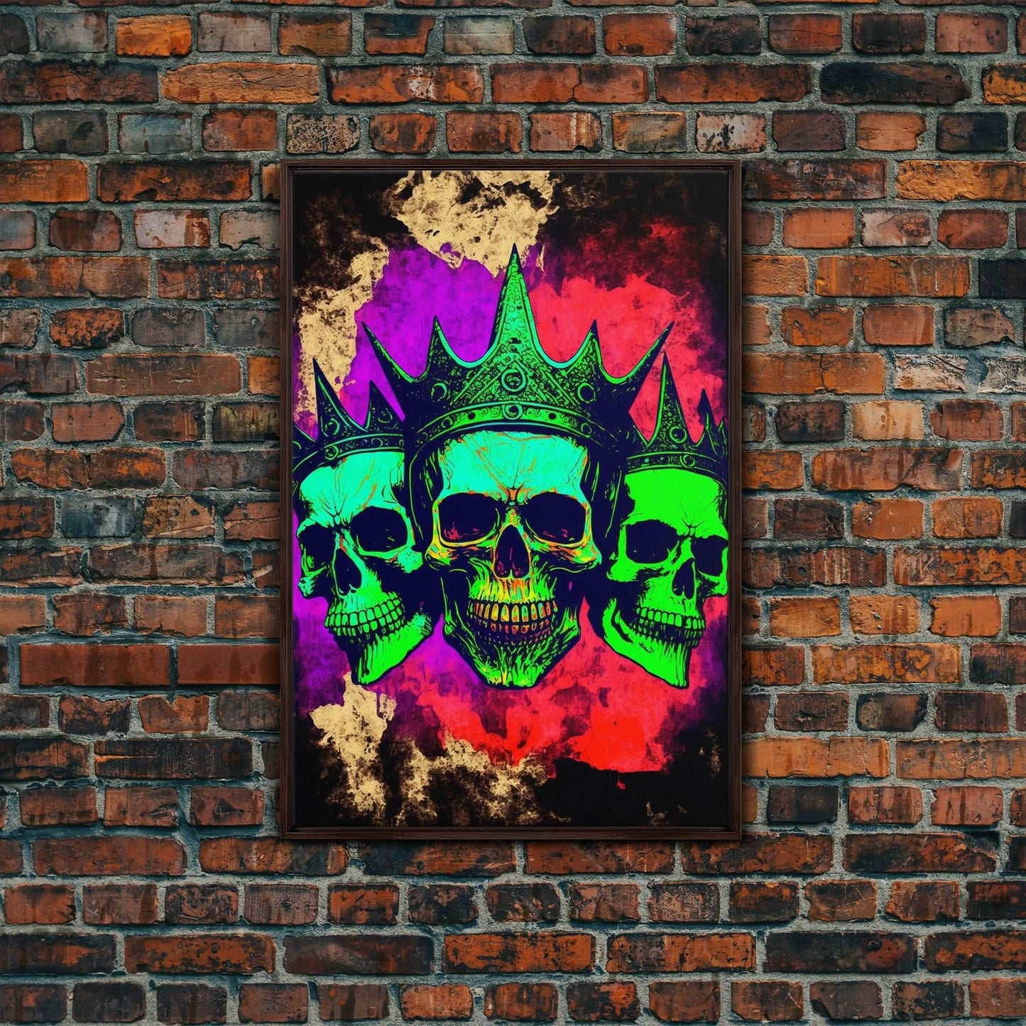 Psychedelic Skull With The Gold Crown, Framed Canvas Print, Unique Fantasy Undead Wall Art, Trippy Art - 8x12 Inches / Walnut Frame