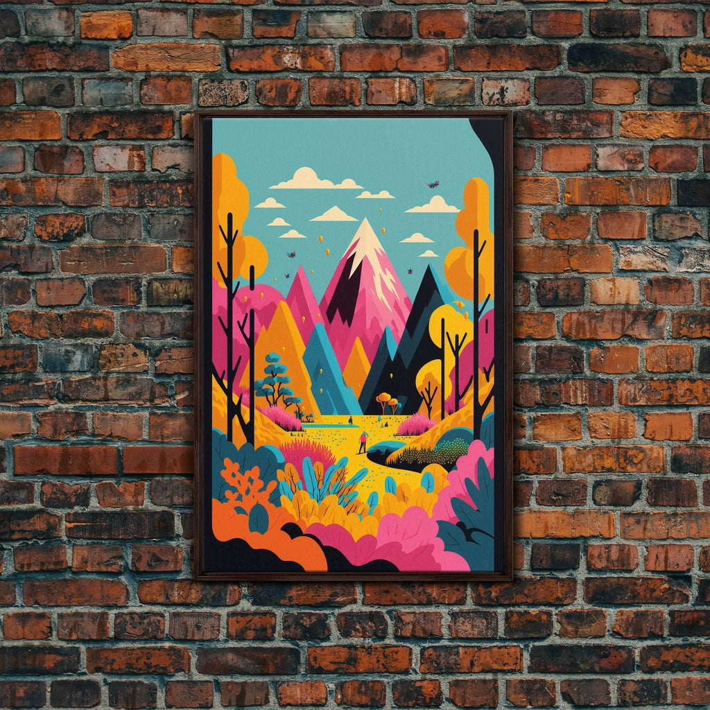 Trendy Pop Art, Surreal / Abstract Mountain Landscape, Fantasy Decor, Framed Canvas Print - 8x12 Inches / Walnut Frame