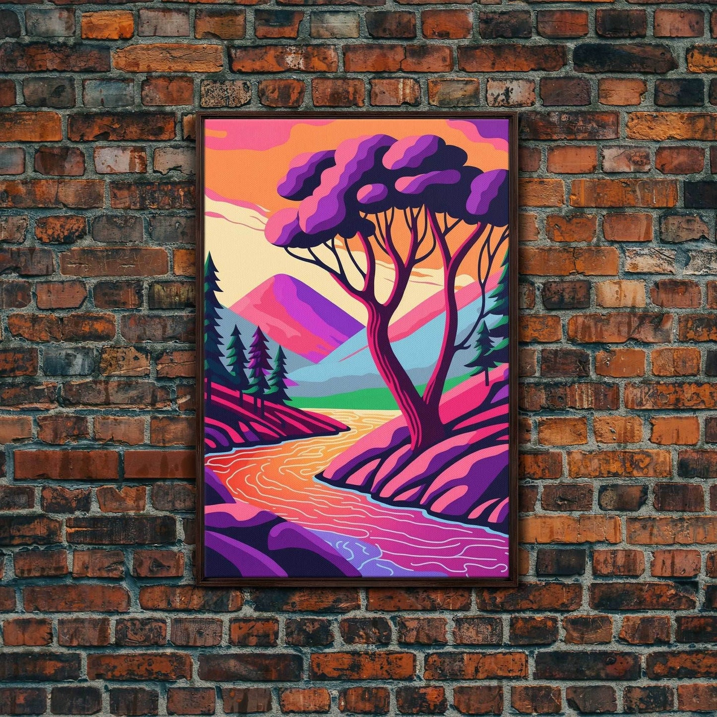 Surrealist Pop Art, Pink Fantasy Landscape Art, Framed Canvas Print - 8x12 Inches / Walnut Frame
